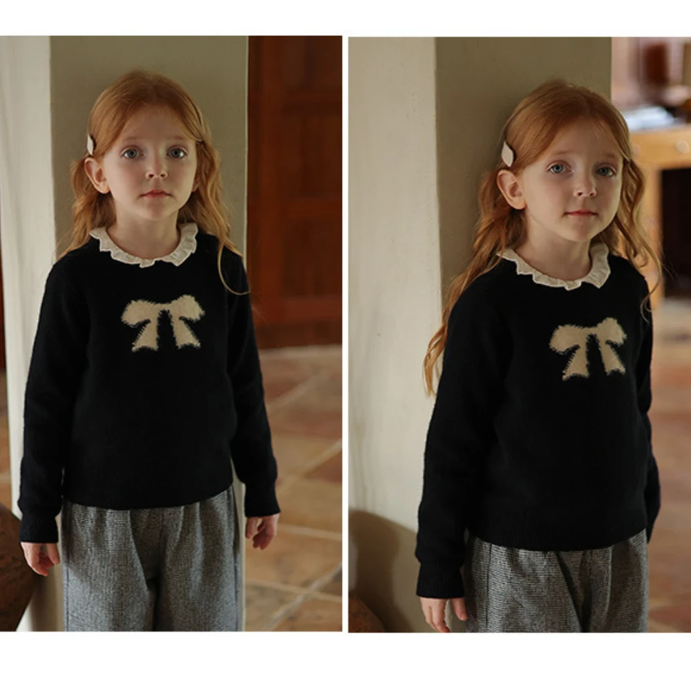 

Girls Outfit 23 Autumn Winter Girls Bow Pullover Wool Sweater Kids Plaid Slacks Baby Girl Babydoll Shirt Girls Clothes Set