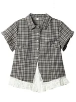 Chemisier Femme Été à Manches Courtes, Motif Carreaux et Dentelle, Style Vintage Rétro Japonais Kawaii, Coupe Slim, Mignon et Décontracté 2