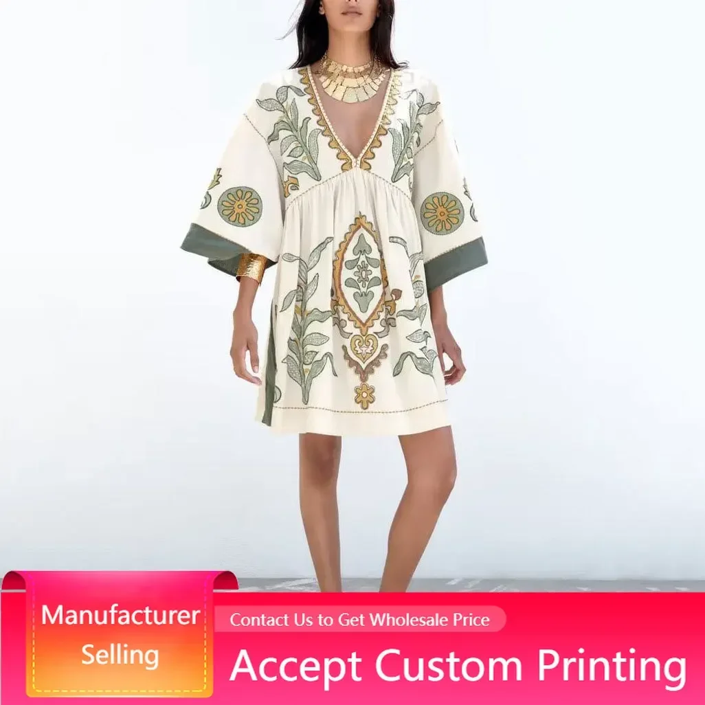

Women's Loose Short Dress, Plant Flower Embroidery, Pullover, V-neck, Spring and Summer Wear, New, European and American