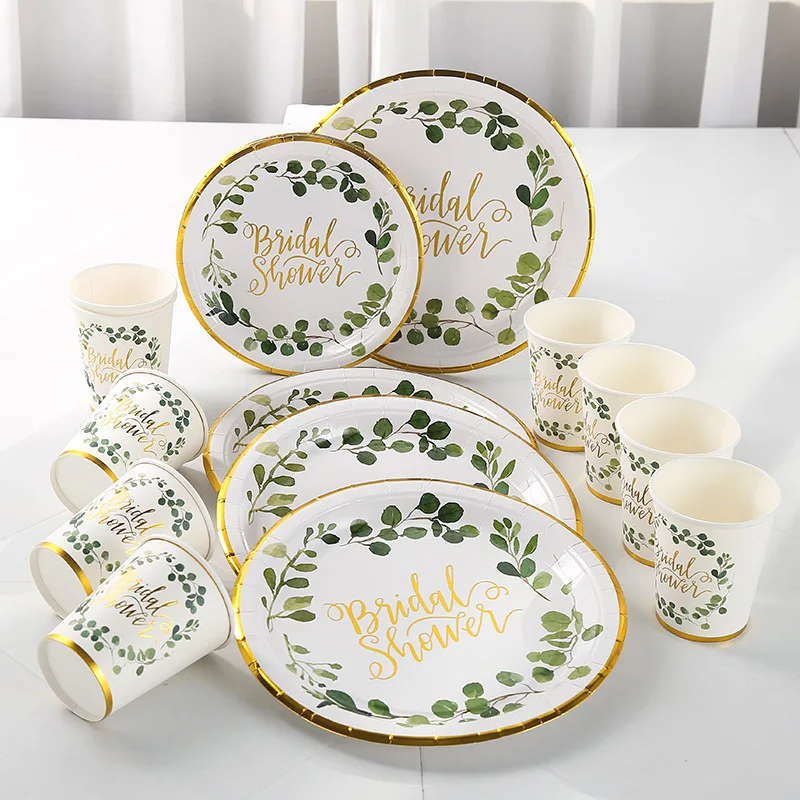 Bridal Shower Dispodable Tableware Gold Green Leaves Paper Plates Cups Team Bride Wedding