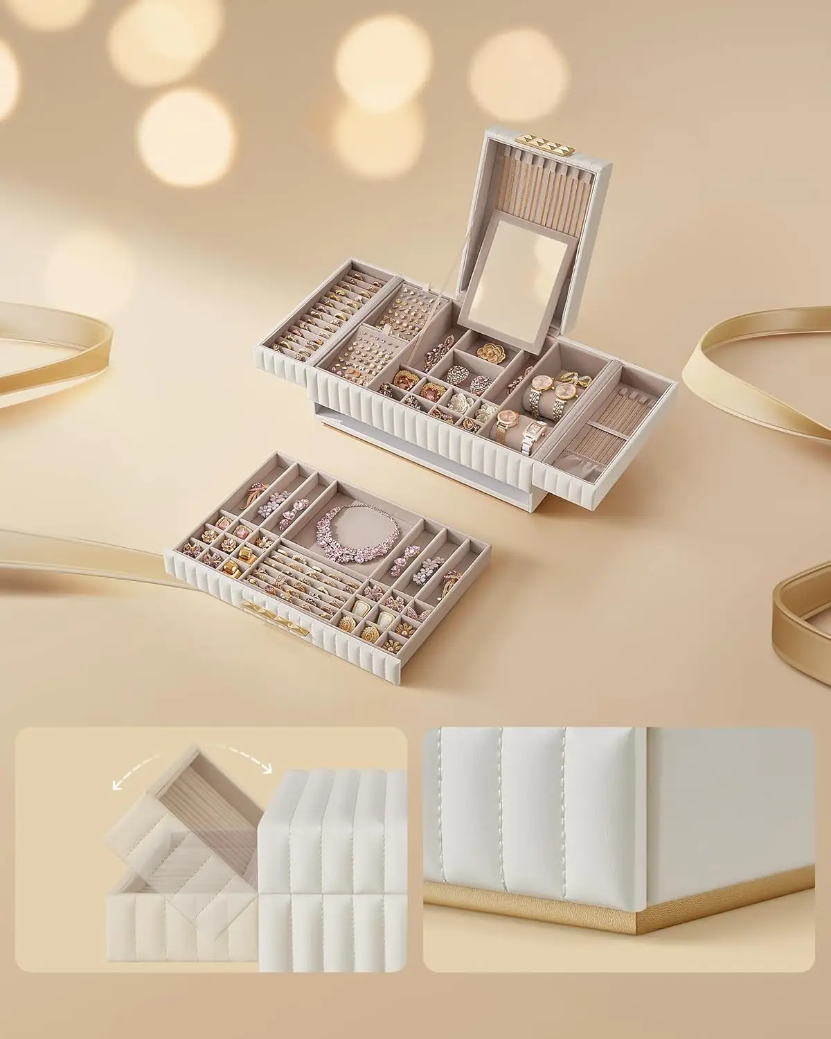 Large capacity jewelry box with mirror, jewelry storage with drawers, PU surface with stitching, 10.6 x 15 x 6.3 inches 6