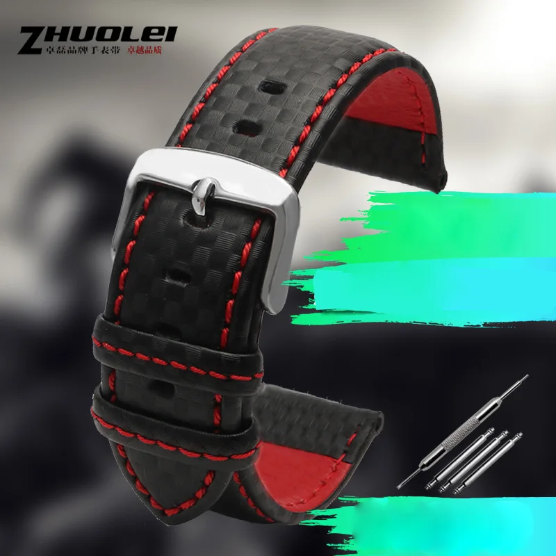 Durable Black Genuine Leather Watchband with Orange Stitching and Silver Clasp