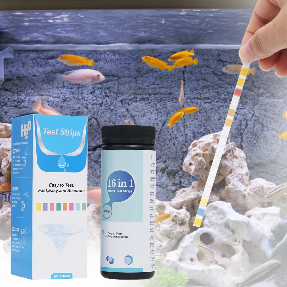 Water Quality Testing Strips, Aquarium Test Strip, Fast Accurate, PH Hardness, Nitrite, Nitrate, Chlorine, 100Pcs, 16 in 1