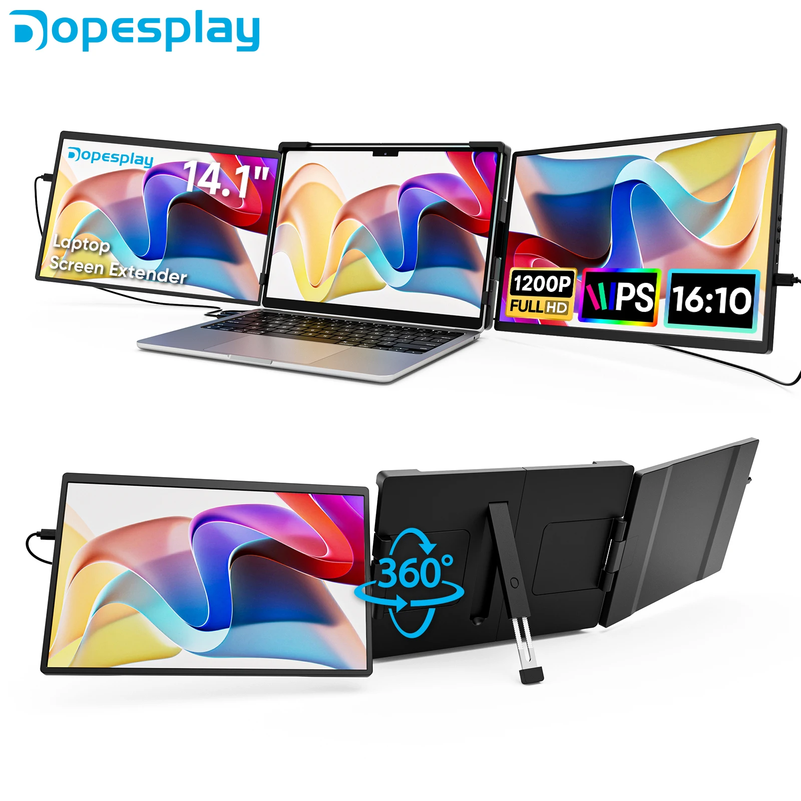 Dopesplay 14.1″ Triple Portable Monitor For Laptop 1200P FHD IPS Extender Screen Type-C USB For PC Switch Mac Laptop Up to 17.3“