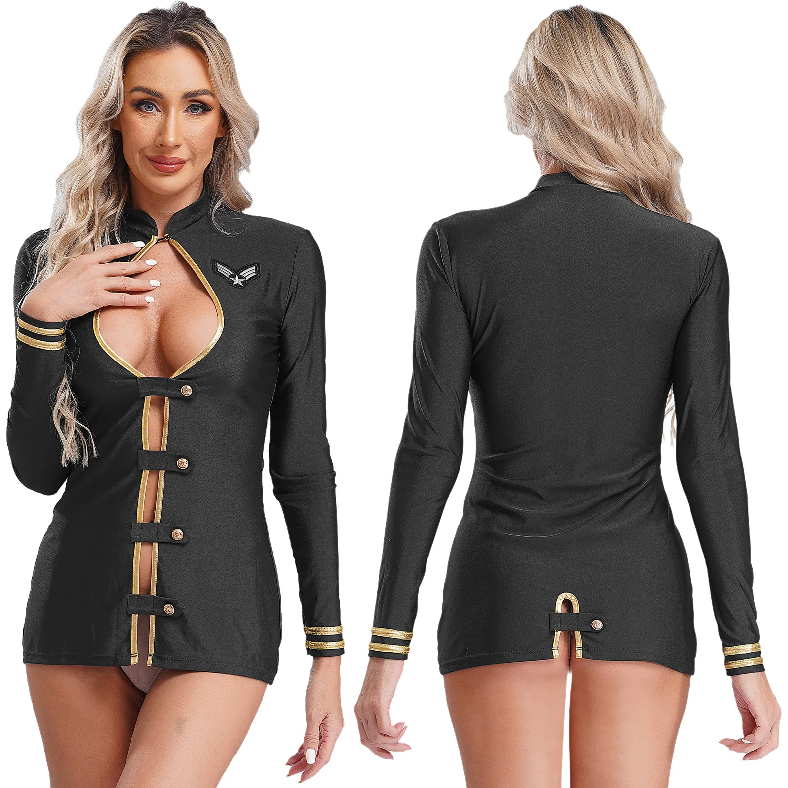 thumbnail image 1 of Disfraz de azafata de línea aérea para mujer, uniforme de azafata, cuello levantado, manga larga, ahuecado, vestido de juego de rol, 1 of 5