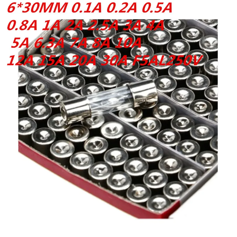 100pcs Assorted Fast Acting Glass Tube Fuses, 6x30mm, 4A-30A Variety Pack
