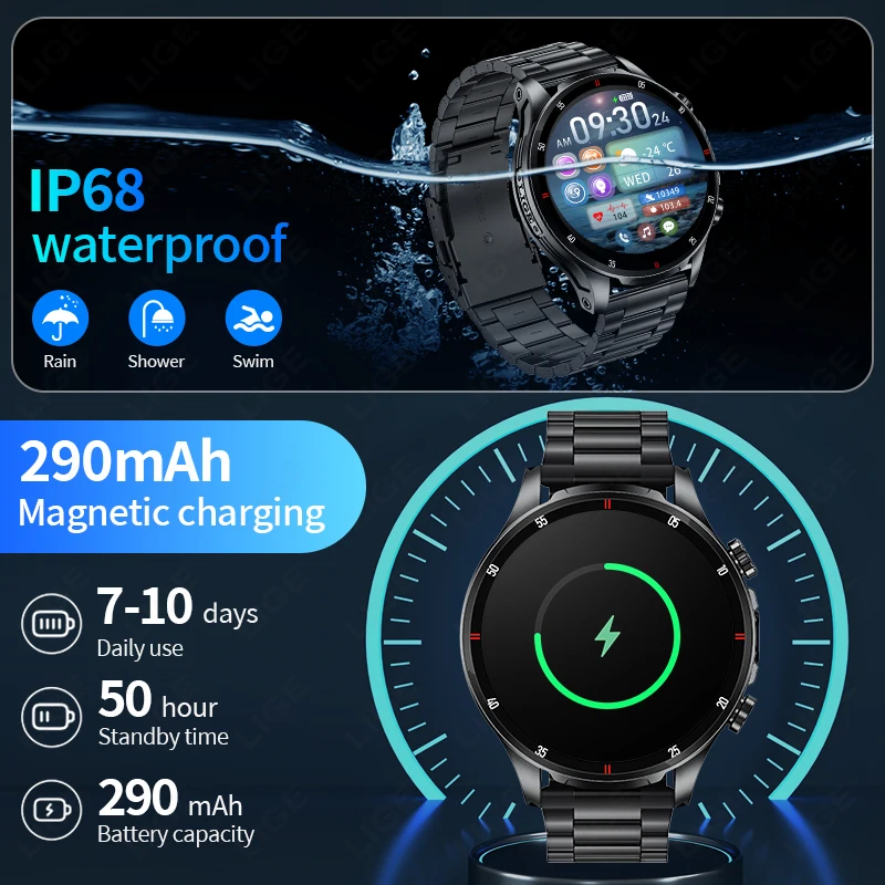 LIGE New Men Smart Watch LED Flashlight 1.53" HD Screen AI Voice Bluetooth Call Sports Watches Health Monitor Smartwatch Women