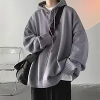 Hooded Knitwear Men's Winter Loose Chic Lazy Sle Vintage Teenagers Trend Warm  Color Outerwear Casual Long Sve T-irt