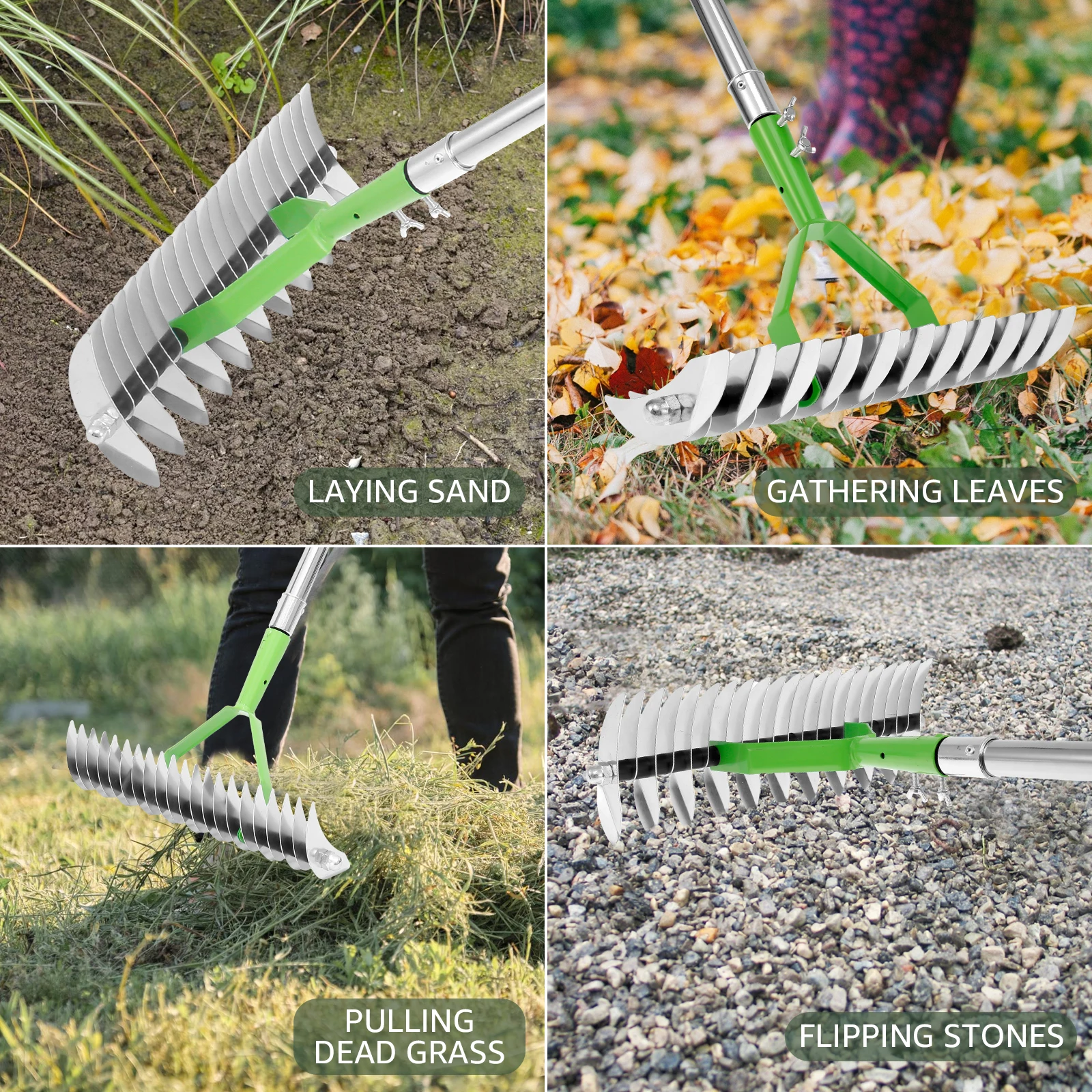 Thatch Rake Double Sided Lawn Rake Stainless Steel Adjustable Dethatcher with 4 Sections Handle Garden Tool for Clear Dead Grass farming rake