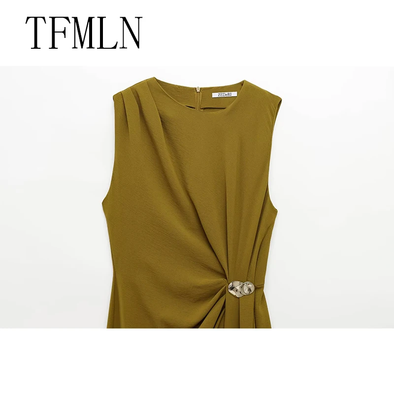 TFMLN New Elegant Women Pleated Slim Midi Dress Spring Summer Fashion O-neck Sleeveless Chic Pleated Dress Causal Party Dress