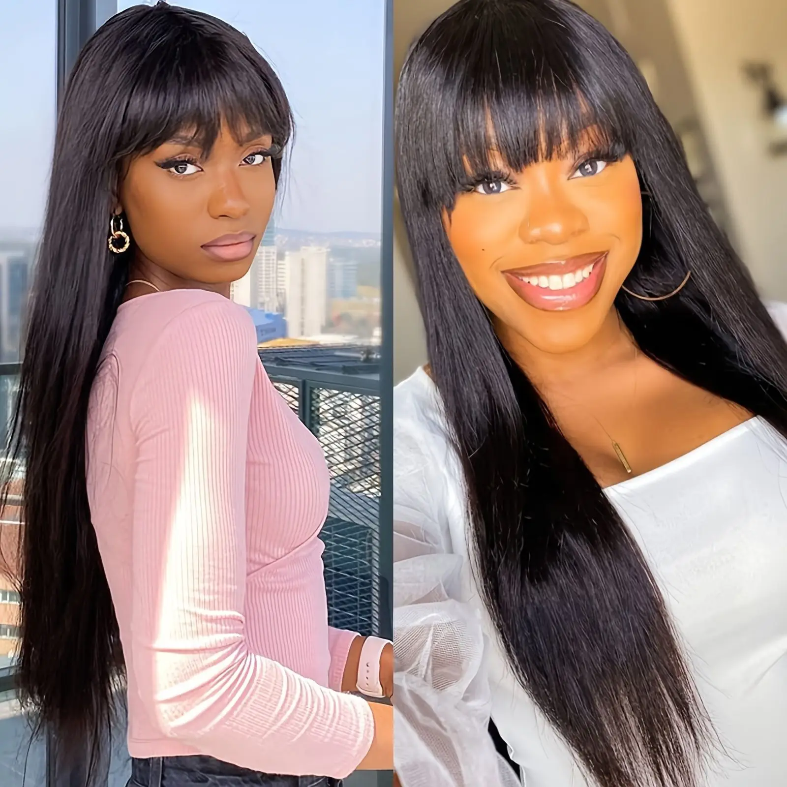 

30 inch Straight Human Hair Wigs With Bangs Brazilian Virgin None Lace Front Wigs Machine Made Wigs For Women Wigs