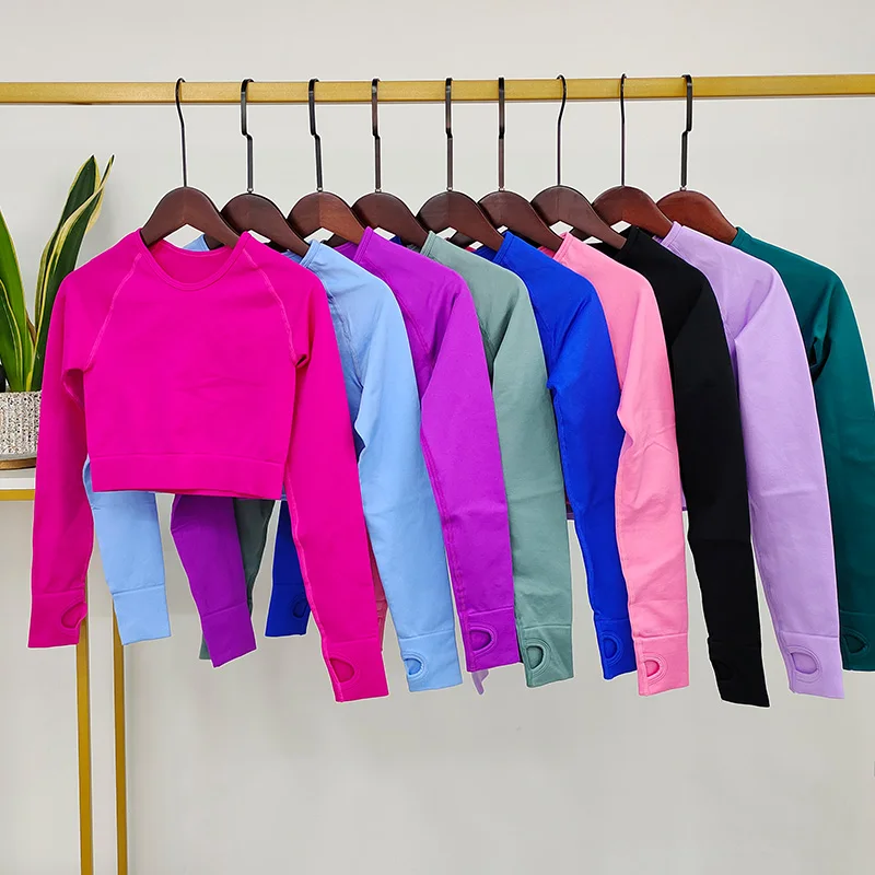 Seamless Yoga Shirts for Women Long Sleeve Crop Tops Thumb Hole Fitness Gym Workout Tops 10 Color,yoga top,yoga shirt,sports shirt,sports t shirt