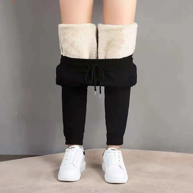 Biyaby 2022 Winter Thicken Plush Pants for Women Casual Solid Color Warm Sweatpants Woman Elastic Sports Fleece Trousers Female