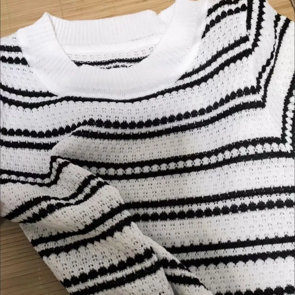 Description Picture 6 of itemAll-match Ins Short Sleeve Crop Top Slim Fit Female Clothing Stripe Knitted T-shirt Sweet Bottoming Shirt Knitwear Women Female