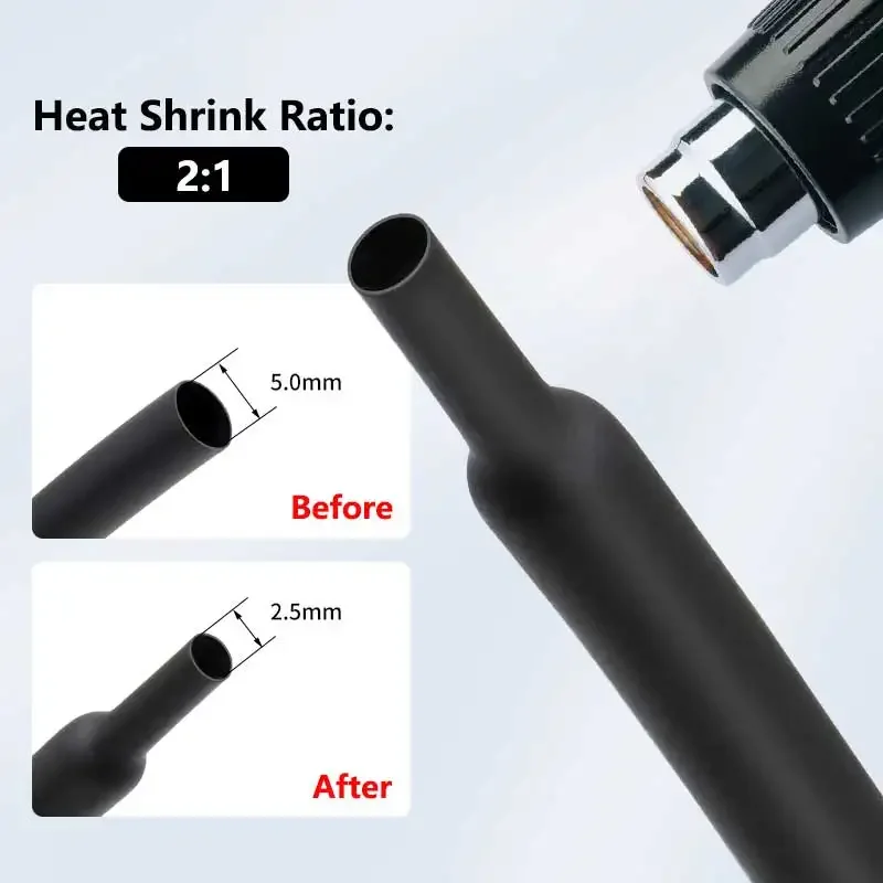 Black 2:1 Heat Shrink Tube Dia.0.6mm~210mm Polyolefin DIY Cable Repair Heat Shrinkable Tubing Heat-Shrink Sleeve Insulation Wrap