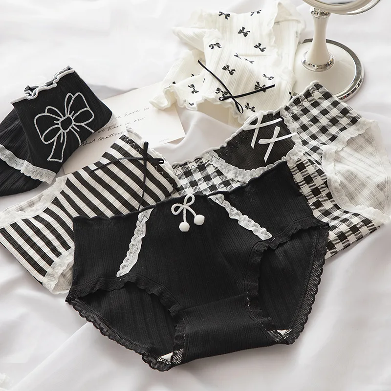 

Panties for Women Cotton Cute Lingerie Bow Print Plaid Underwear Girl Briefs Female Underpants Ladies Panty NK26