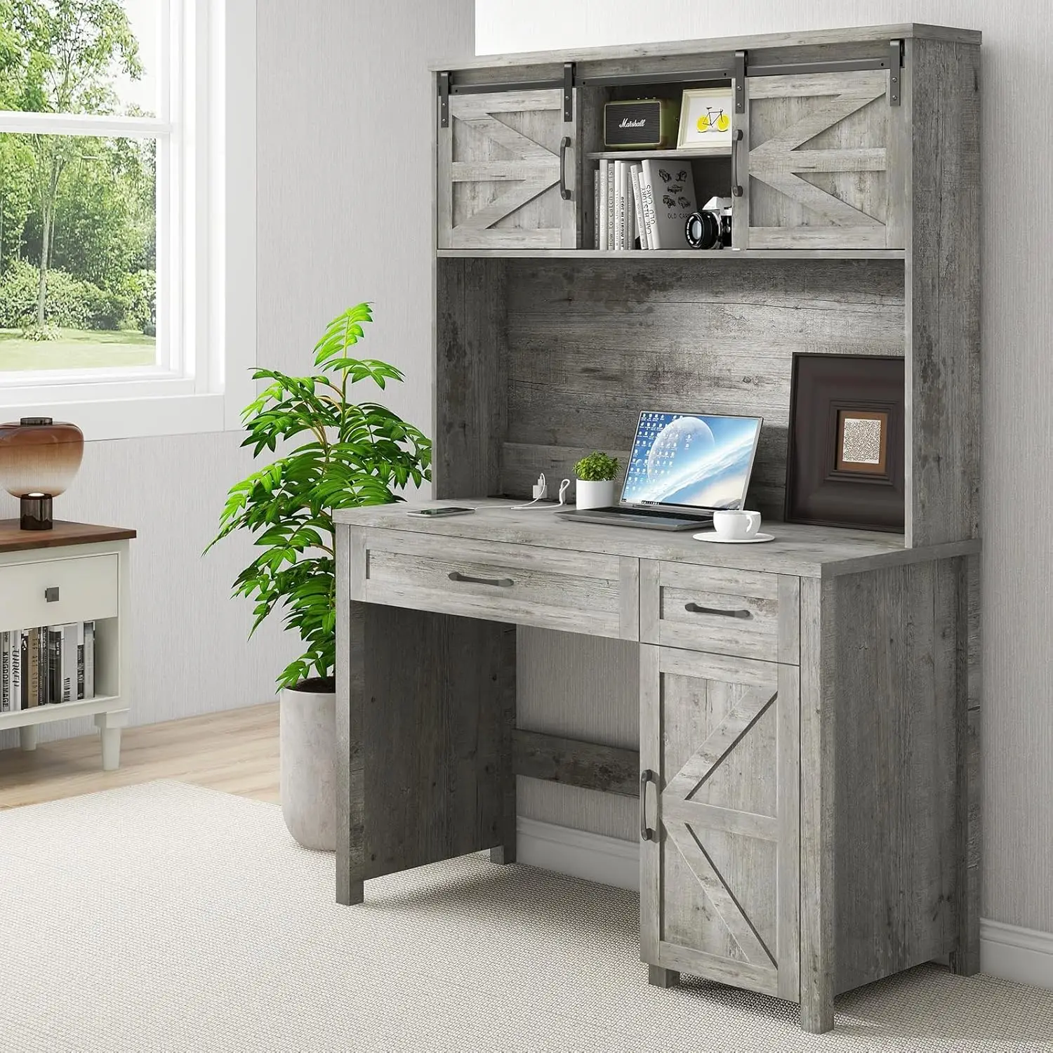 47" Executive Desk, Computer Desk with Drawers and Storage Cabinet, Workstation with Hutch for Home Office