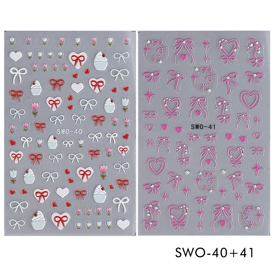 2Pcs 3D Kawaii Nail Art Stickers Flower Heart Cherry Bow Butterfly Decals