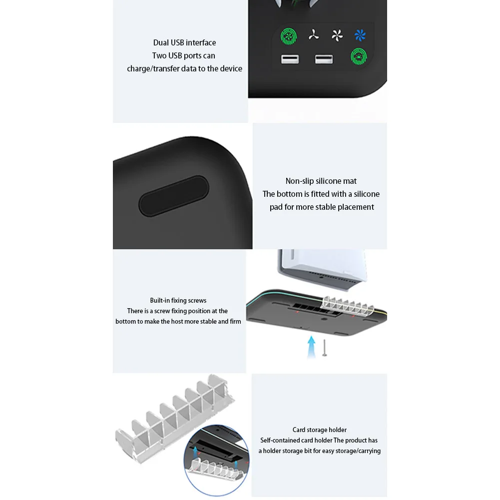 For PS5 Slim Console Cooling Stand Controller Charging Dock with Headset Hook USB HUB for Playstation 5 SlimDisc&Digital Edition