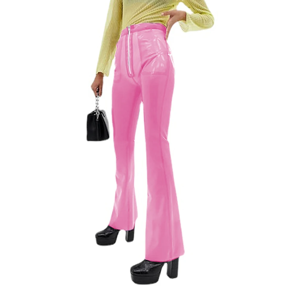 Sexy Transparent High Elastic Waist Flare Pants Latex Leggings flared legs front zipper pink and black Bell Rubber Bottom Pants