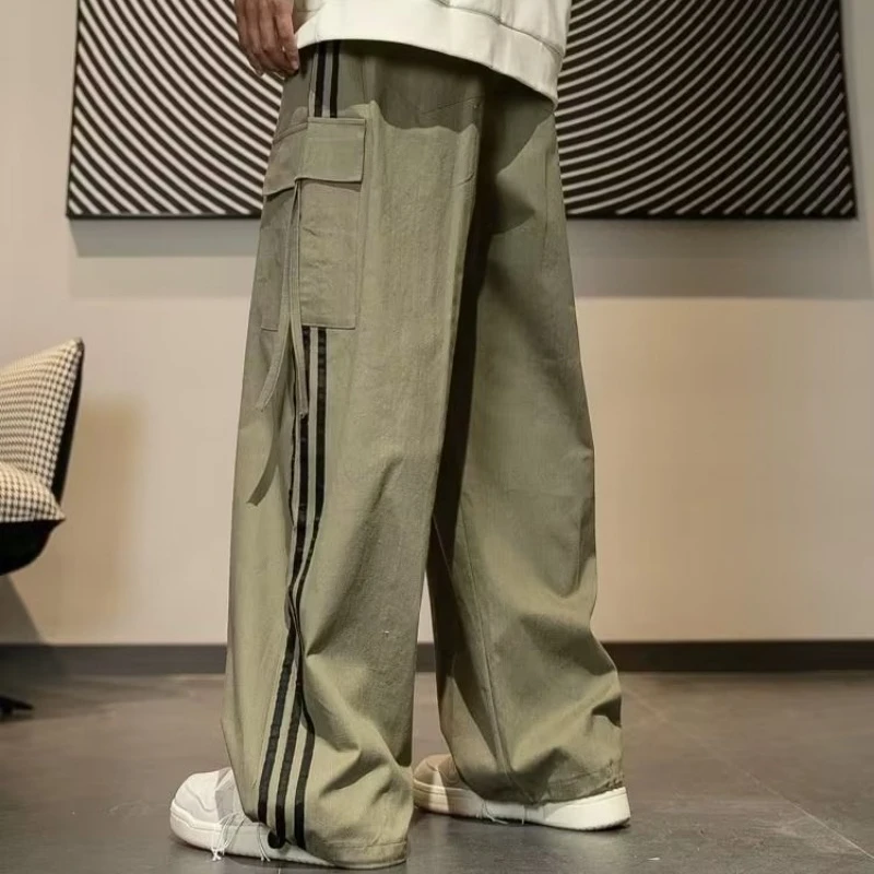 Japanese Retro Striped Cargo Pants Men Loose Casual Full Length Drawstring High Waist Straight Leg Pants Sports Streetwear Male
