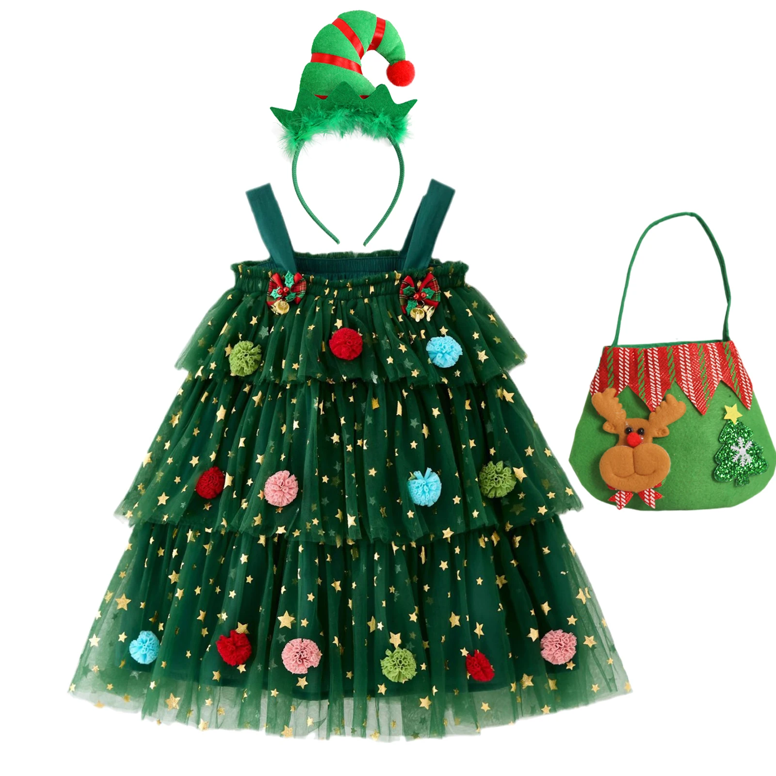 thumbnail image 1 of Christmas Kids Girls Sequin Stars Xmas Tree Dress Sleeveless Layered Tulle Tutu Dress Plush Ball Xmas New Year Party Clothes, 1 of 5