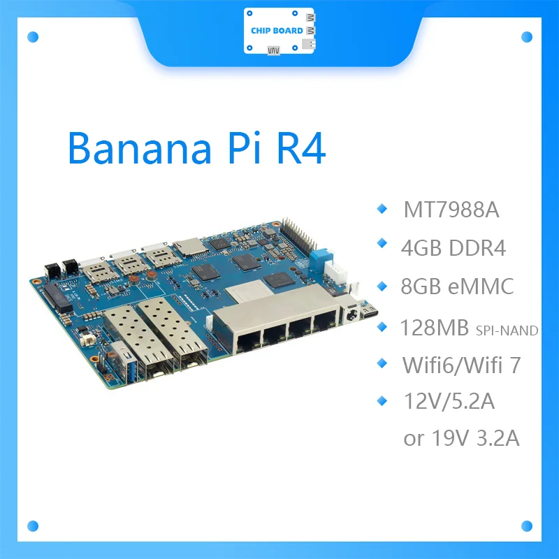Banana Pi BPI R4 Wifi 7 Single Board Computer with MTK MT7988A design 4G RAM and 8G eMMC onboard