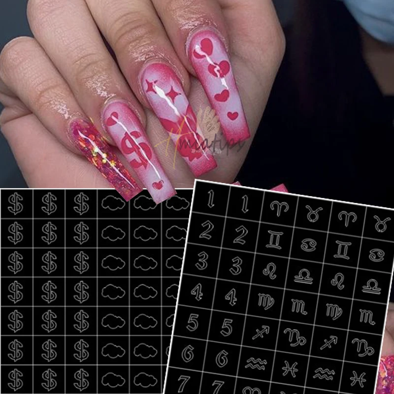 Airbrush Nail Art Stencils Heart Number Butterfly Self-Adhesive