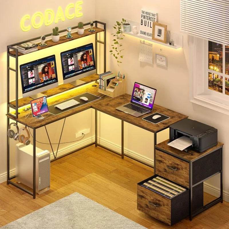 Tbfit L Shaped Desk with Storage Shelves, Reversible Coner, Office Desk for  Small Space,Large Computer Gaming Desk Workstation with Power Outlet,2