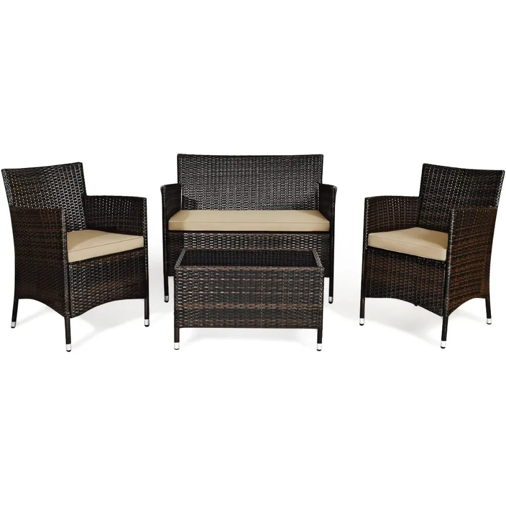 4-Piece Rattan Patio Set Camping Outdoor/Indoor Wicker Conversation Set for Pool Lawn Wicker Chairs and Sofa With Soft Cushion