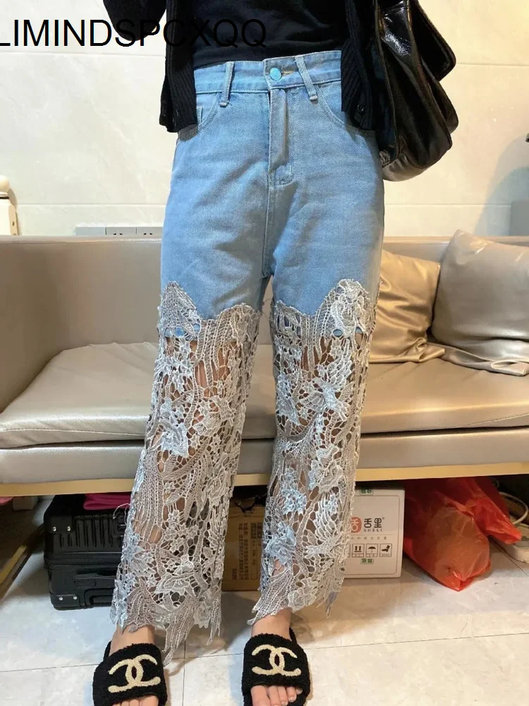 

High Waist Lace Fashion Elegant Jeans Women Patchworl Hollow Out Irregular Pantalones De Mujer Casual Loose All Match Pants