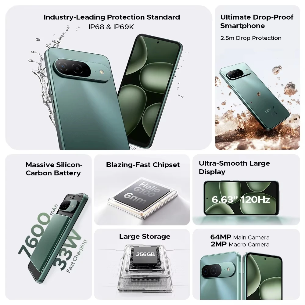 Smartphone DOOGEE B10 VIP Edition (Version globale) Android 16, écran IPS FHD 6,63", 48 Go (6 Go + 42 Go) + 256 Go, batterie 7600 mAh, appareil photo 64 MP, charge rapide 33 W