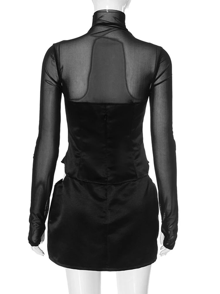 Sexy Mesh Turtleneck Long Sleeve Satin Cut Out Mini Dress Women Pullover Bodycon Short Club Evening Dresses Fashion Party Wear mini dress