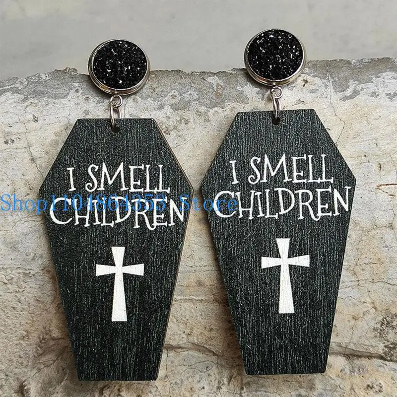 652F Holz Lightwight Ohrring Halloween Fledermaus für Kreuz Grab Anhänger Ohrring Sarg Form Baumeln Ohrring Schmuck Geschenke