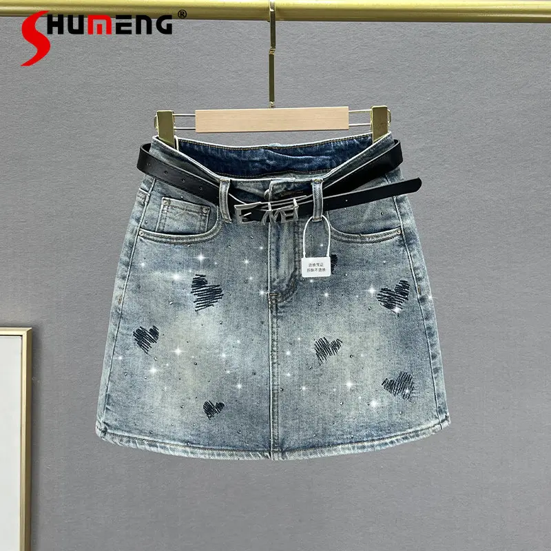 

Rhinestone Denim Short Skirt Women's Fashionable 2023 Summer New High Waist Slim Fit Slimming Ins All-Match A-Line Hip Skirt