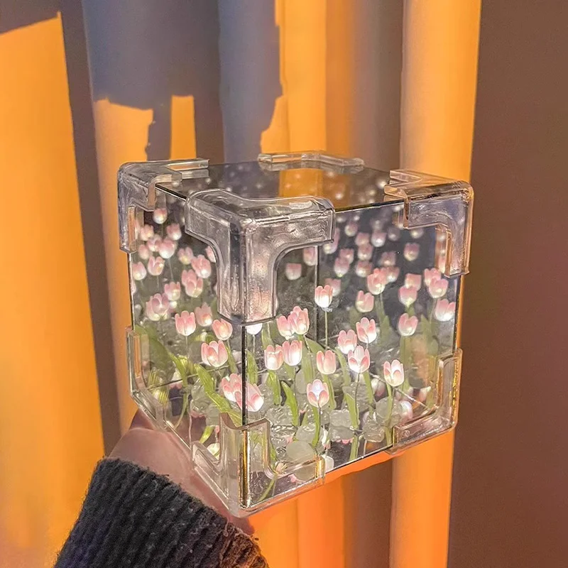 DIY Tulip Mirror Cube Lamp Handmade Craft Tulips Night Light Simulation ...