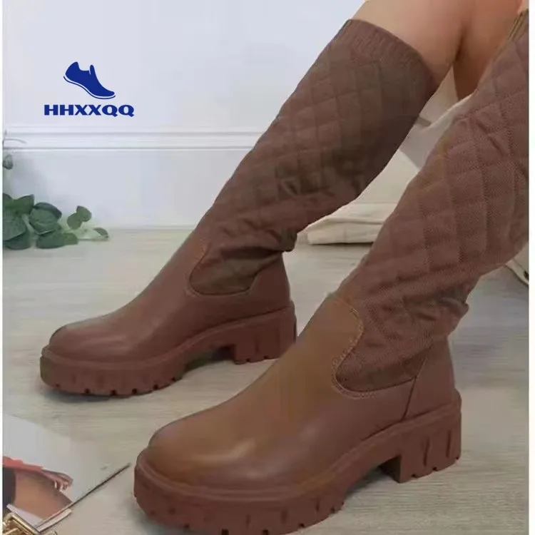 Vip Flats Shoes Thick Sole Boots Autumn Winter Breathable Knitting Upper Women Thigh High Boots Stretch Round Toe Black
