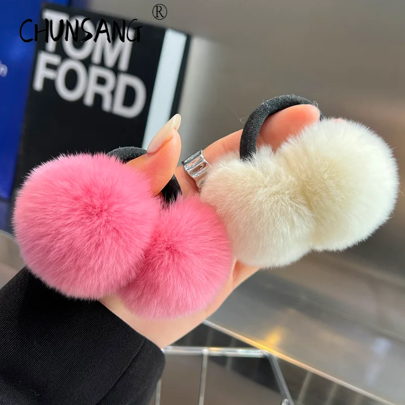 Ins New In Real Rabbit Fur Elastic Hair Ties Headband Headbands Head Band Hair Hoop for Women Girls Korean Hair Accessories real shot of beautiful jeans women s 2023 shorts khaki casual summer style hot girls work clothes fashionable