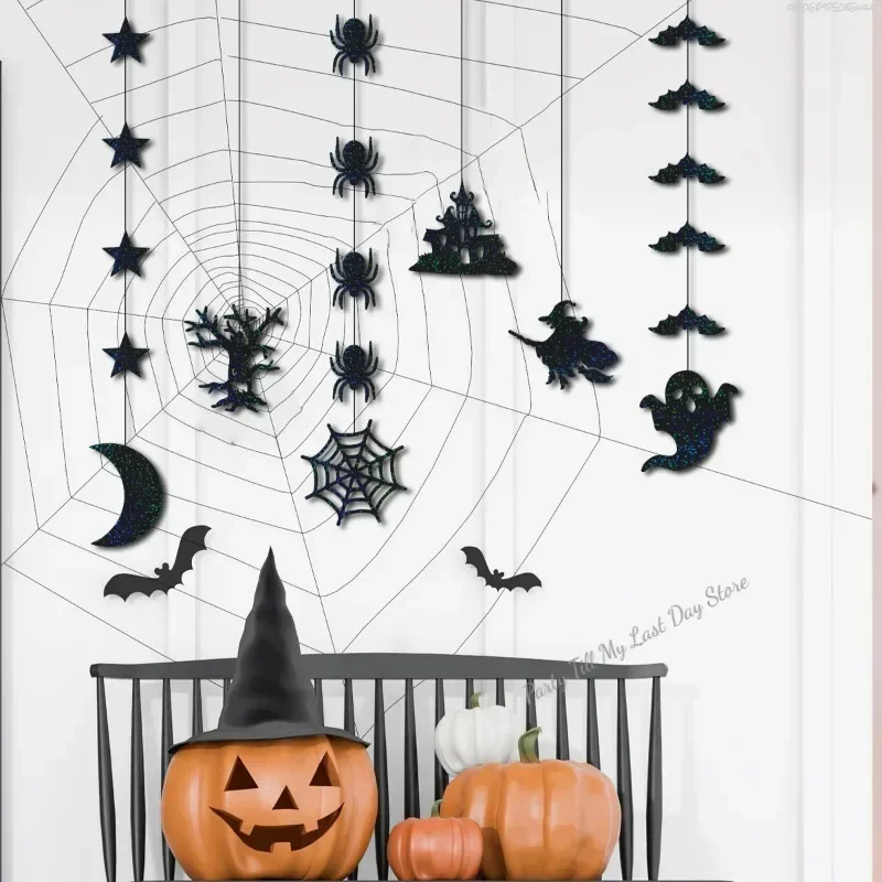 Halloween Hanging Banner Garland 6pcs Scary Spider Witch Ghost Bat Pendant Ornament Happy Halloween Party Decorations for Home