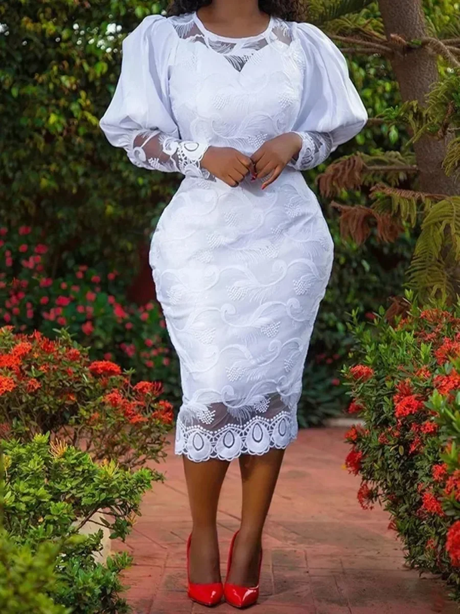 African Elegant Women White Lace Dress Puff Sleeve Embroidery Pencil Dress Plus Size 4XL Wedding Birthday Dinner Even