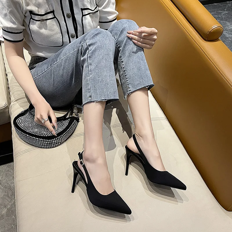 Korean Version French Stiletto Heels Pointed Toe Shallow Rear High Heel Sandals Women's Baotou Foreign Trade Agency Hair