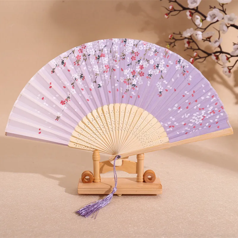 Chinese Vintage Cloth Fans Handheld Wooden Handle Art Flower Patterns Folding Flower Fan Classical Dance Party Performance Tool folding fan hand fan wooden hand fan
