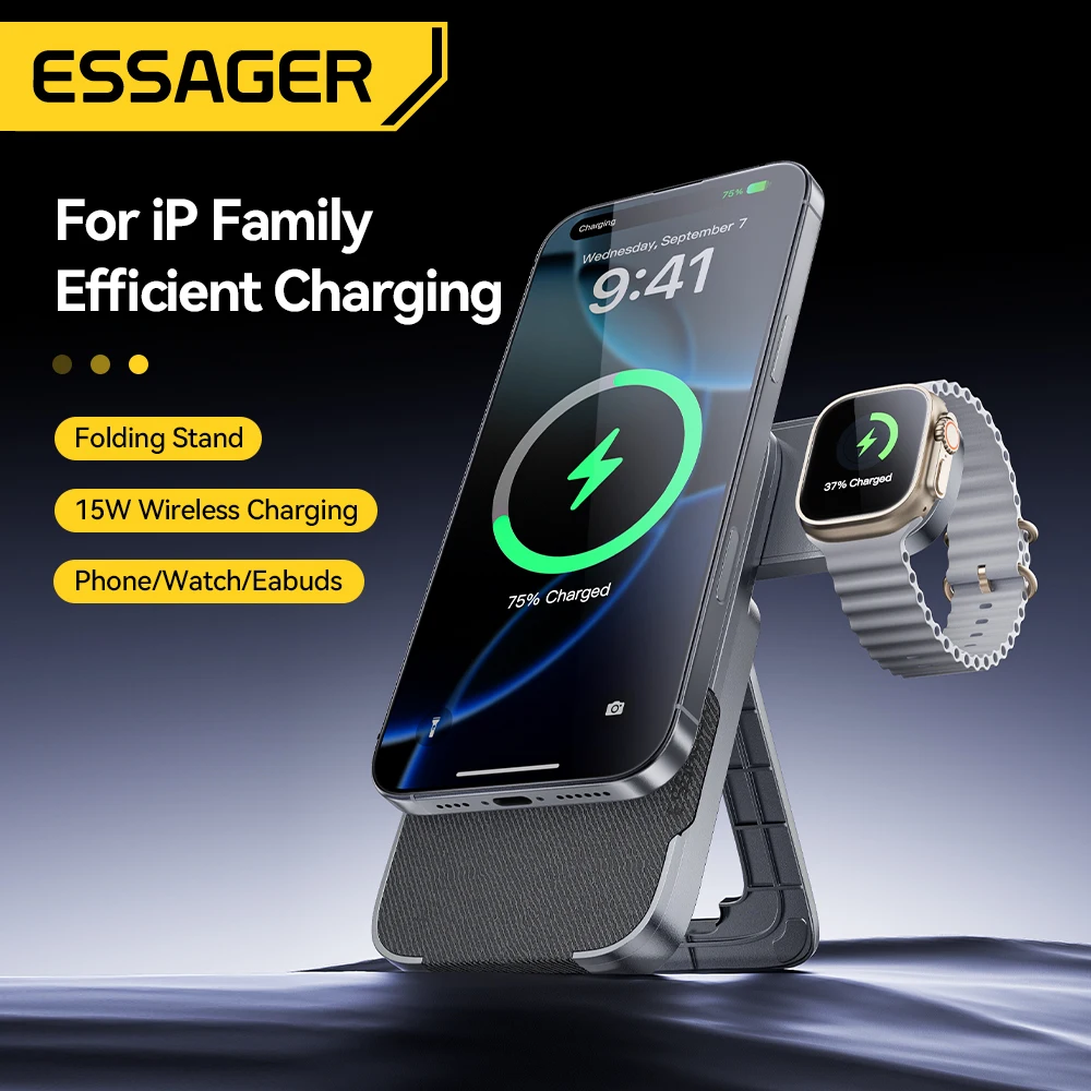 Essager 3 in 1 Folding Portable 15W Magnetic Wireless Charger Stand For iPhone16 15 Airpods Apple Watch For MagSafe Fast Charger