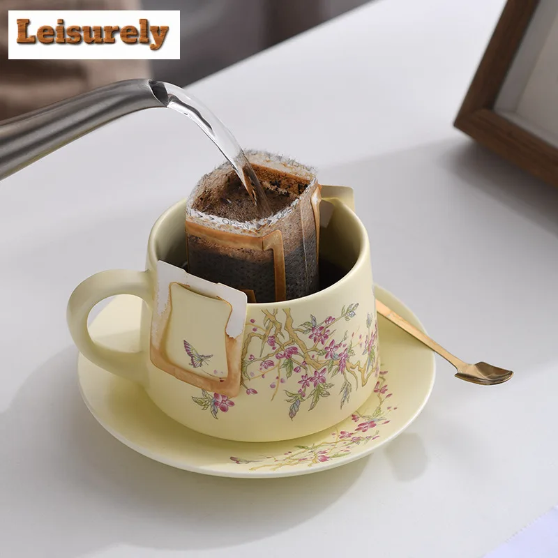 280ml Wisteria Flower Coffee Mug With Plate Kitchen Cup Afternoon Tea Mug Water Ice Cold Juice Jug Cup Saucer Kit Tableware Gift
