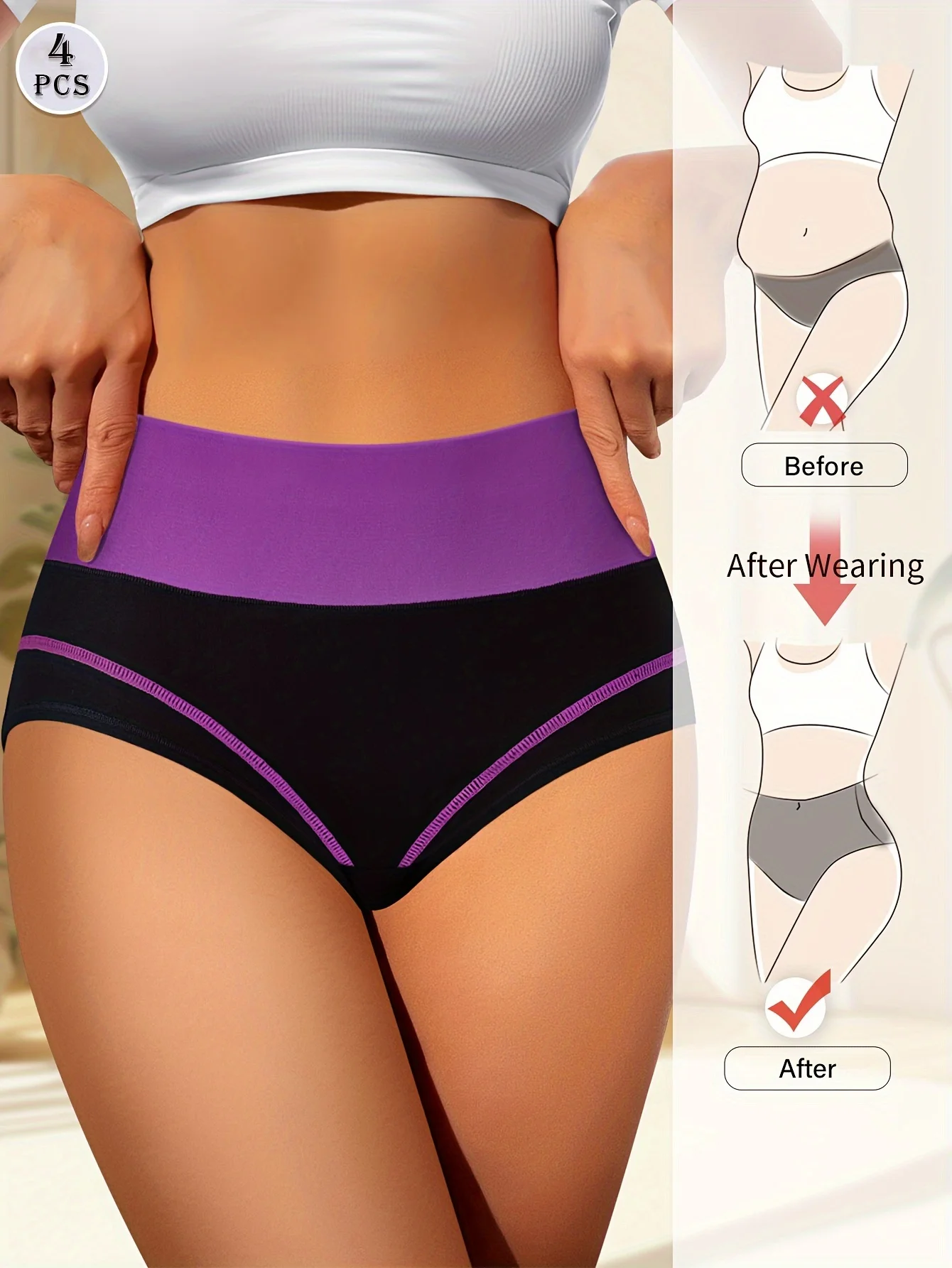 High Waisted Tummy Control Panties - 4pcs Breathable Cotton Triangle Underwear