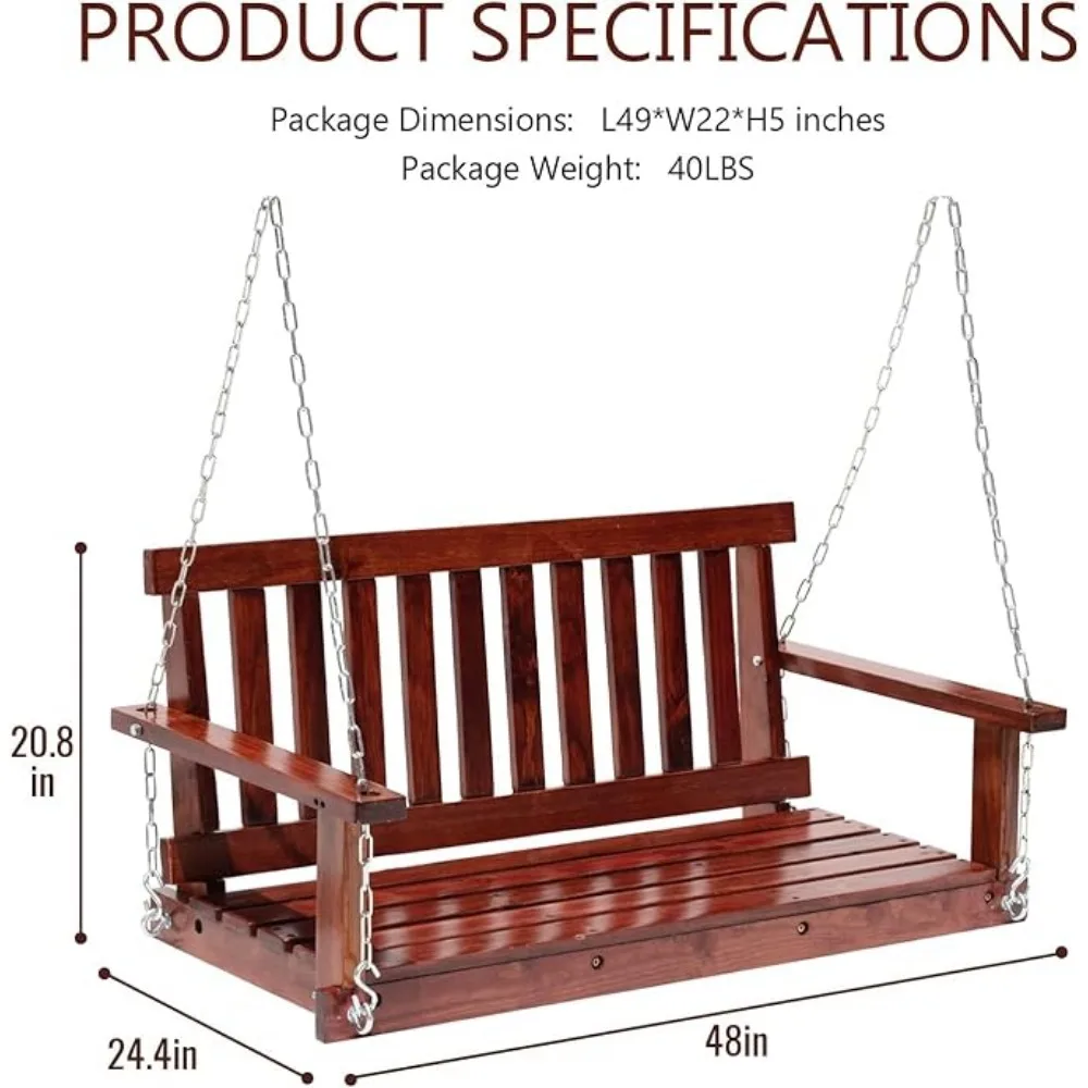 Outdoor Wooden Porch Swings 4Ft/48in Outdoor Swings Heavy Duty 800lb Weight Capacity Swing Bench for Adults with Hanging Chains 6