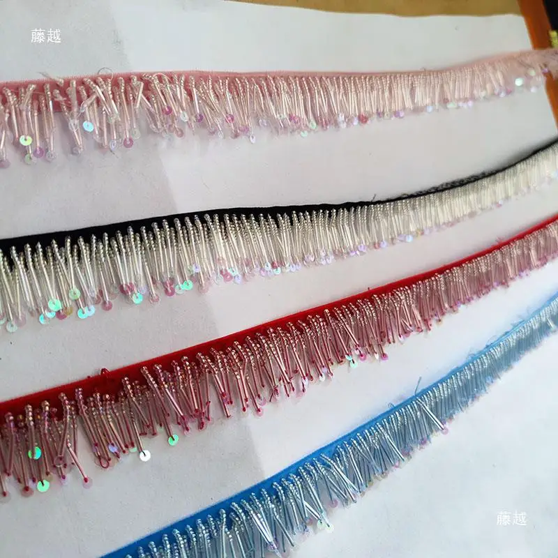 Blue Pink Three Rows Full Bead Tube Shoe Flower Color Dance Skirt Fringe Lace Color Blue