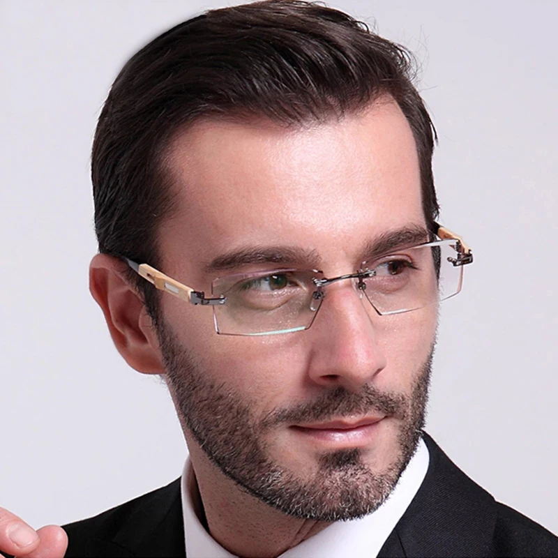 Titanium+Bamboo Frame Eyeglasses Rimless Men Gold Wood Frameless Prescription Myopic Glasses Ti Anti-Reflection Lens Eyewear