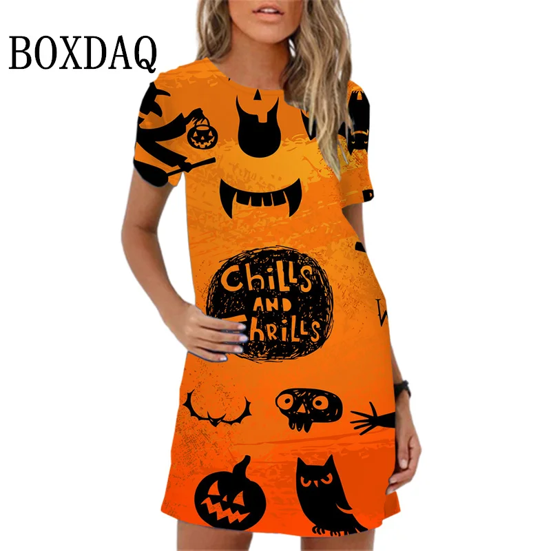 

Fashion Casual Halloween Party Women Dress Cute Cartoon Print Loose Short Dress Short Sleeve O-neck Pumpkin Pattern Womens Dress