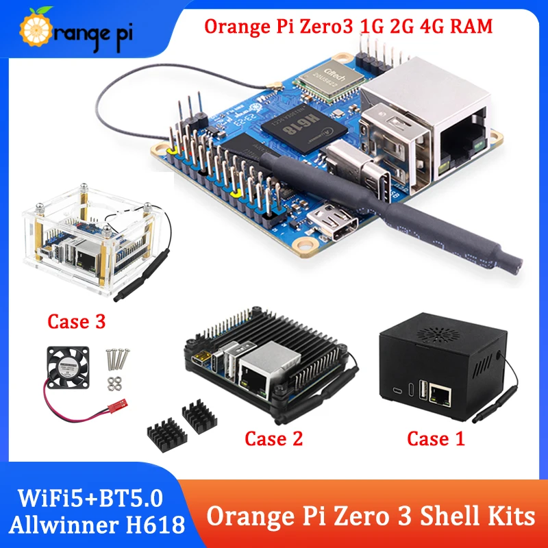 Placa de Desenvolvimento de Laranja Pi-zero3 com Caixa de Metal Allwinner H618 64 Bits Usb 2.0 Banda Dupla Wifi5 Mais Bt5.0 Gigabit Lan Opção 4g 2g 1g